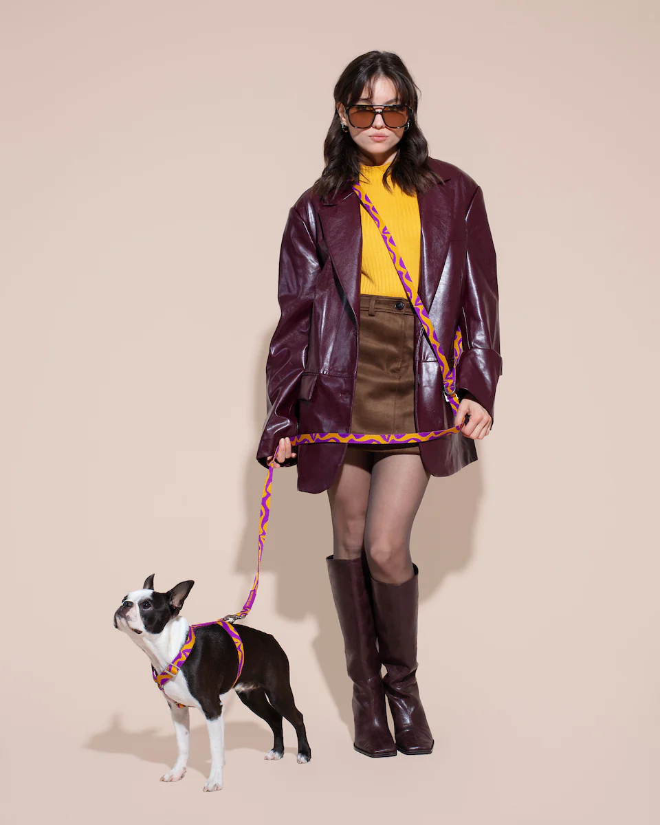 Hot Doggies Freihandleine Bonny Plum crossbody getragen