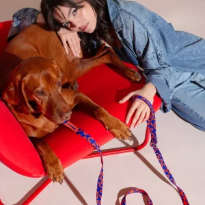 Hund und Frau mit Hot Doggies Rocky Electric Freihandleine in Blau und Orange
